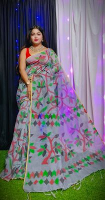 Slate Gray Pure Handloom Dhakai Jamdani Saree From Bengal