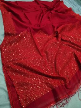Brick Red Resham Cotton Sequence Jamdani Saree