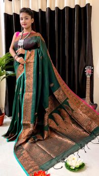 Palm Green Pure Handloom Soft Cotton By linen Flower Design Saree
