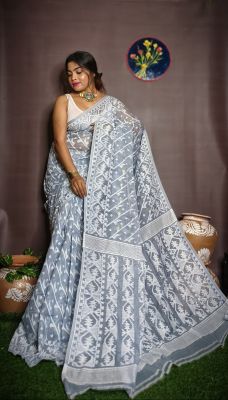 Light Grey Pure Handloom Dhakai Jamdani Saree From Bengal