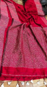 Red Resham Cotton Sequence Jamdani Saree