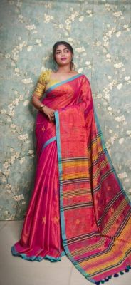 Rose Pink Pure Handloom Tissue Silk Saree From Bengal