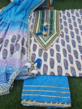 Dusky Grey Printed Cotton Gota Detailing Suit With Chiffon Dupatta