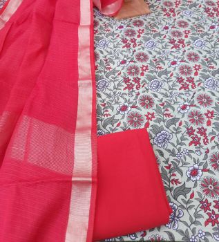 Light Grey And Bright Maroon Cotton Suit Dress Material