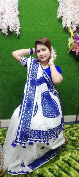 White Blue Chakra Pure Handloom Silk Cotton Saree