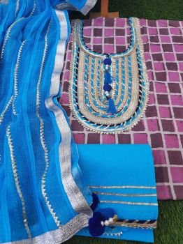 Multi Colour Checks Design Cotton Gota Detailing Suit With Chiffon Dupatta
