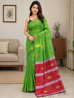Parrot Green Pure Handloom silk Cotton Saree From Bengal