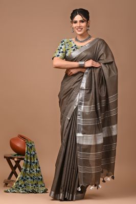 Charcoal Black Pure Handloom Linen Cotton Saree From Bengal
