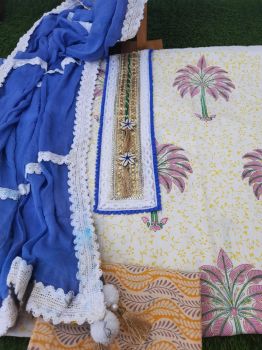 Tree Design Cotton Gota Detailing Suit With Chiffon Dupatta