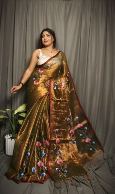 Brown Pure Handloom Tissue Cotton Saree From Bengal