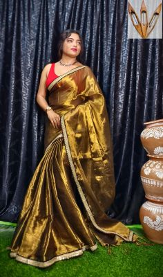 Dark Golden Pure Handloom Tissue Saree From Bengal