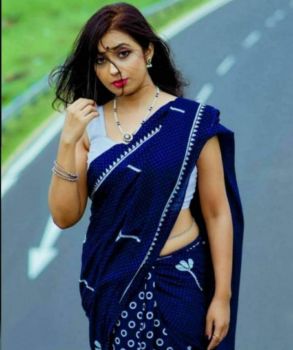 Dark Blue Flower Design Bagru Hand Block Print Cotton Mulmul Saree From Rajasthan