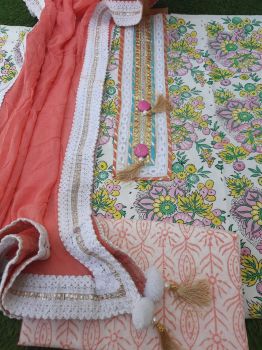 White Printed Cotton Gota Detailing Suit With Chiffon Dupatta