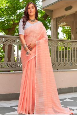Peach Pure Handloom Cotton Saree From Banaras