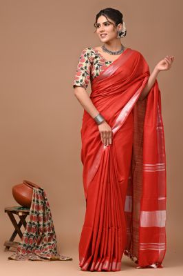 Red Pure Handloom Linen By Linen Saree From Bengal