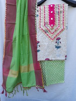 White and Green Cotton Gota Detailing Suit With Chiffon Dupatta