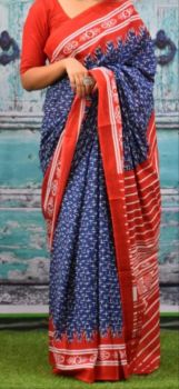 Multi Color Bagru Hand Block Print Cotton Mulmul Saree With Orange Border From Rajasthan