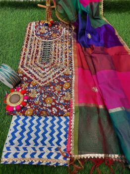 Multicolor Cotton Gota Detailing Suit With Chiffon Dupatta
