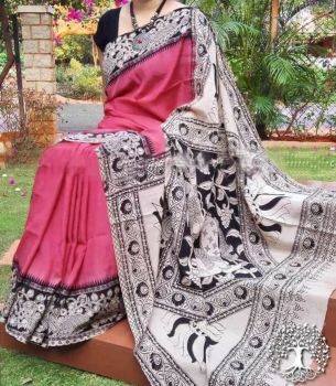 Dark Pink Bagru Hand Block Print Cotton Mulmul Saree From Rajasthan