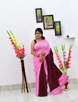 Pink Pure Handloom Khesh Cotton Saree From Bengal