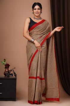 Pinkish Brown Block Print Cotton mulmul saree