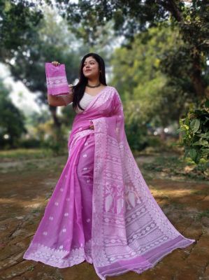 Magenta Pink Pure Handloom Dhakai Jamdani Saree From Bengal
