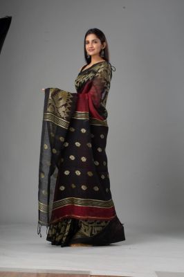 Raspberry Black Pure Handloom Linen By Linen Saree From Bengal