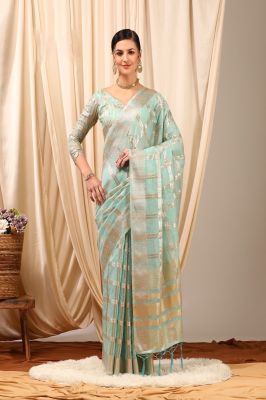Light Sky Blue Pure Handloom Silk Cotton Saree From Gujarat