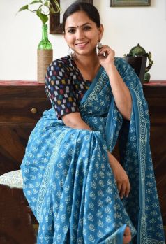 Light Navy Blue Bagru Hand Block Print Cotton Mulmul Saree From Rajasthan