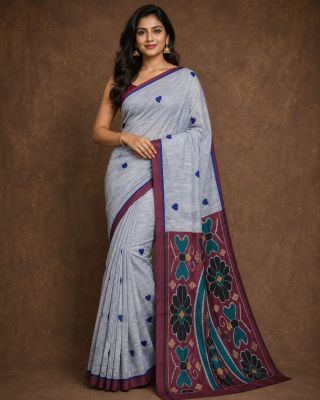 Grey Pure Handloom Saree From Bengal