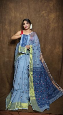 Slate Gray Pure Handloom Dhakai Jamdani Saree From Bengal