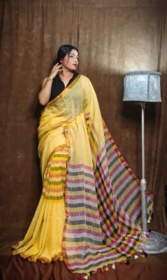Turmeric Yellow Pure Handloom Linen By Linen Saree From Bengal