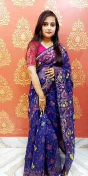 Royal Blue Leaf Design Pure Handloom Soft Dhakai Jamdani Saree