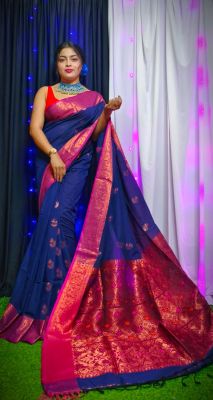 Midnight Blue Pure Handloom Banswara Silk Saree From Bengal