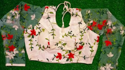 White Lata Net Cotton Pad Readymade Blouse