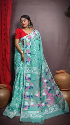 Aqua Blue Pure Handloom Dhakai Jamdani Saree From Bengal