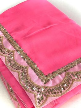 Pink Plain Body Embroidery Work Chiffon Saree
