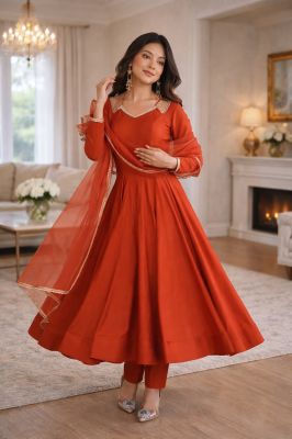 Pure Romansilk Chanderi Fabric Fully Flare Anarkali,With Duppata Set Pent Ready To Wear