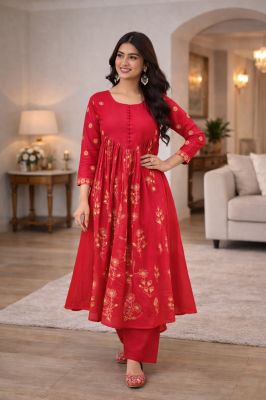 Red Kurti Malmal Chanderi With Embroidered Work