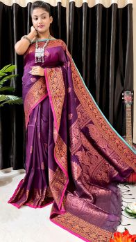 purple Pure Handloom Soft Cotton By linen Flower Design Saree