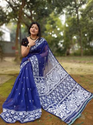 Navy Blue Pure Handloom Dhakai Jamdani Saree From Bengal
