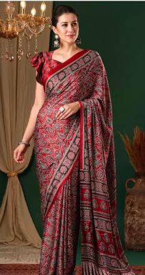 Brick Red Pure Handloom Crepe Silk Saree From Banaras