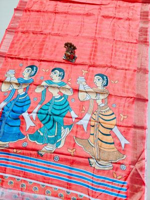 Coral Pure Handloom Silk Saree From Bengal
