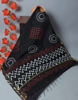 Black Bagru Hand Block Printed Chanderi Silk Dupatta