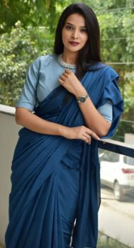 Light Navy Blue Bagru Block Print Cotton Mulmul Saree From Rajasthan