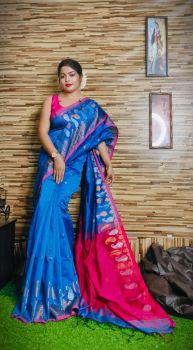 Blue Pure Handloom Beki Jora Mango Design Saree