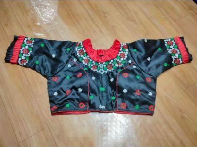 Black Flower Raw Silk Pad Readymade Blouse