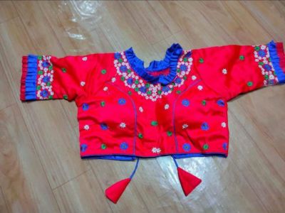 Red Flower Raw Silk Pad Readymade Blouse