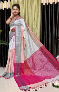 White Pure Handloom Tissue Saree From Bengal