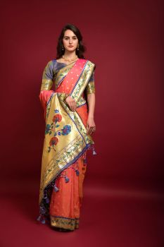 Peach Meenakari Zari Work Banarasi Soft Silk Pathani Saree